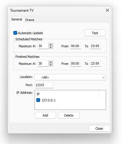 Image of the Tournament TV settings box